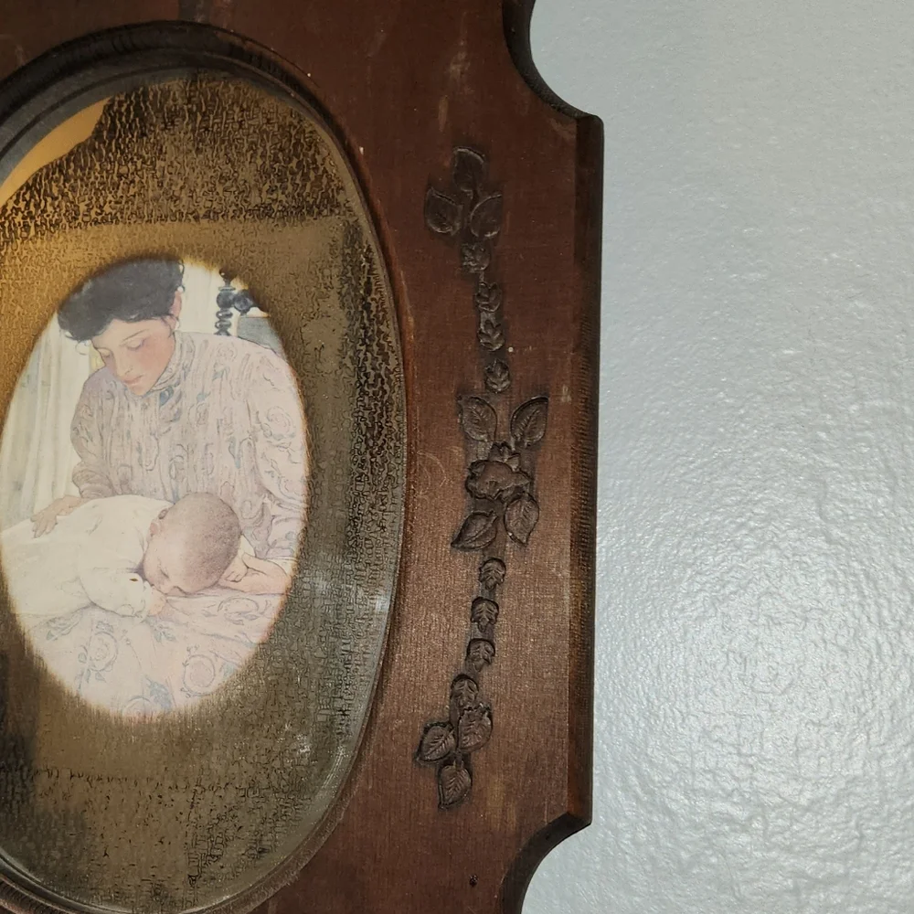 Antique 1930s Floral Etched Mirror Carved Wooden Frame